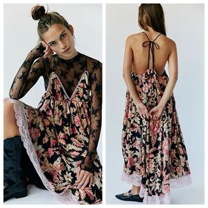 NWOT Free People Primmy Printed Floral Lace Open Back Maxi Dress Size Small